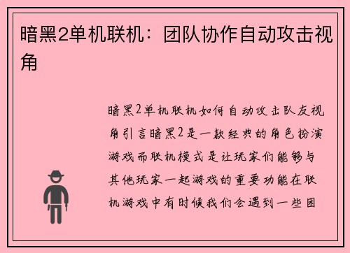 暗黑2单机联机：团队协作自动攻击视角