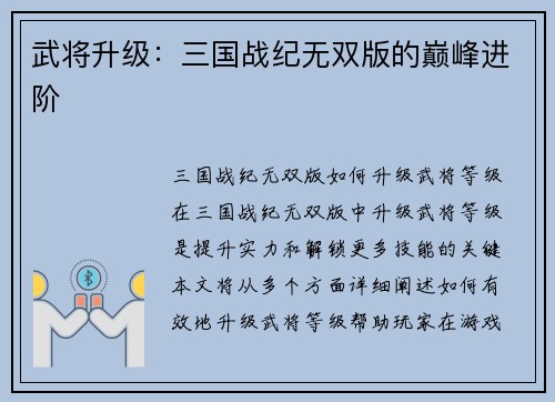 武将升级：三国战纪无双版的巅峰进阶