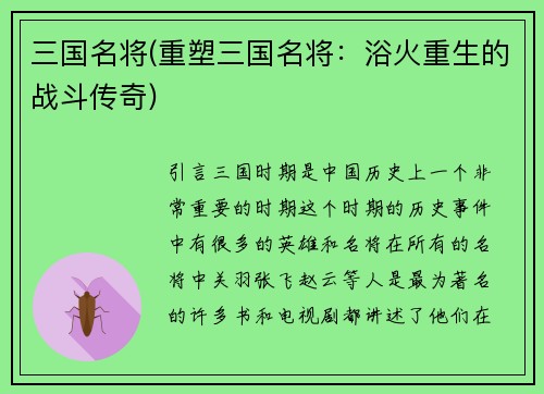 三国名将(重塑三国名将：浴火重生的战斗传奇)